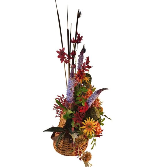 Artificial Floral Arrangement In Fishing Creel Basket With Vibrant Red Purple & - Picture 5 of 15